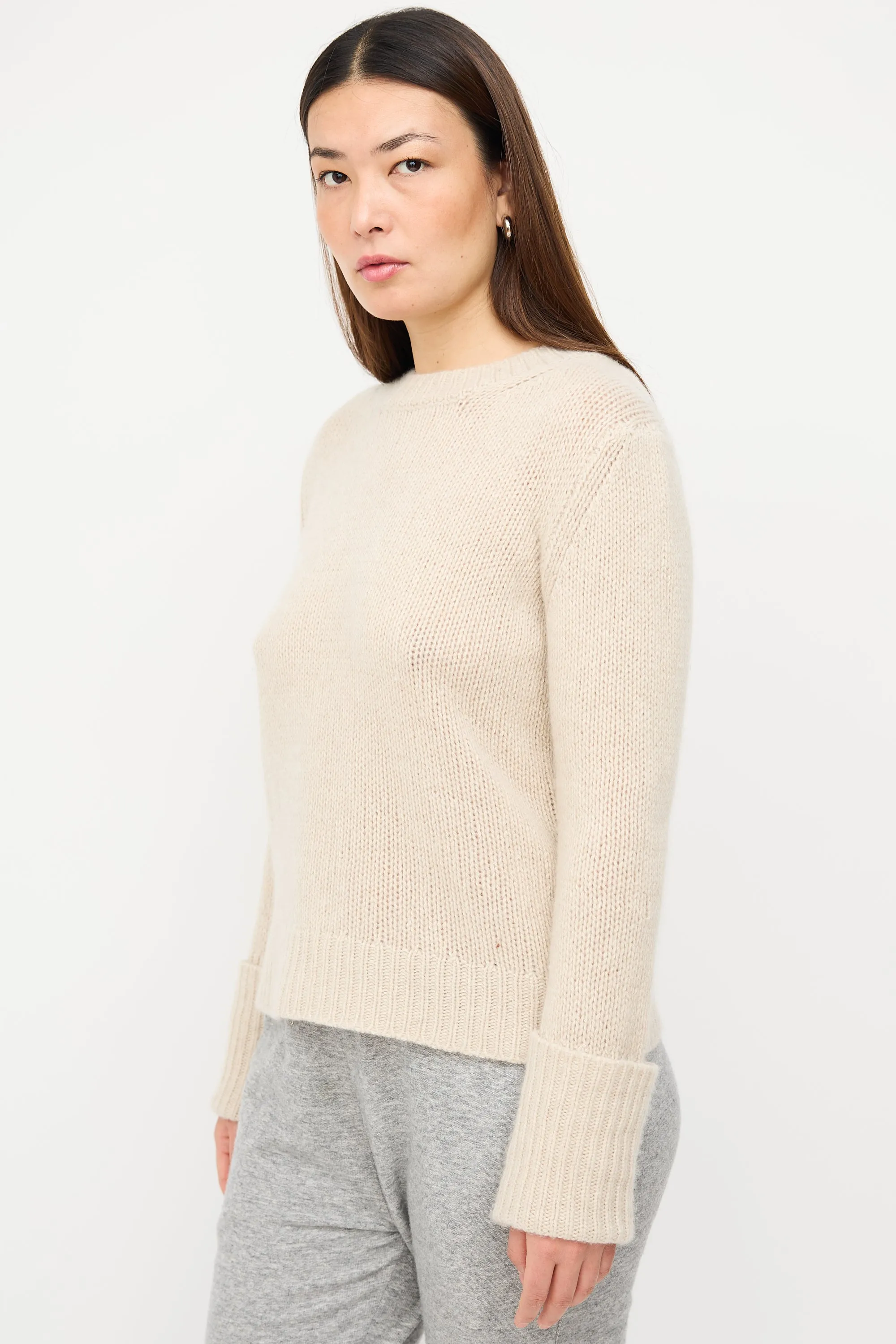 Beige Cashmere Fold Over Cuff Sweater