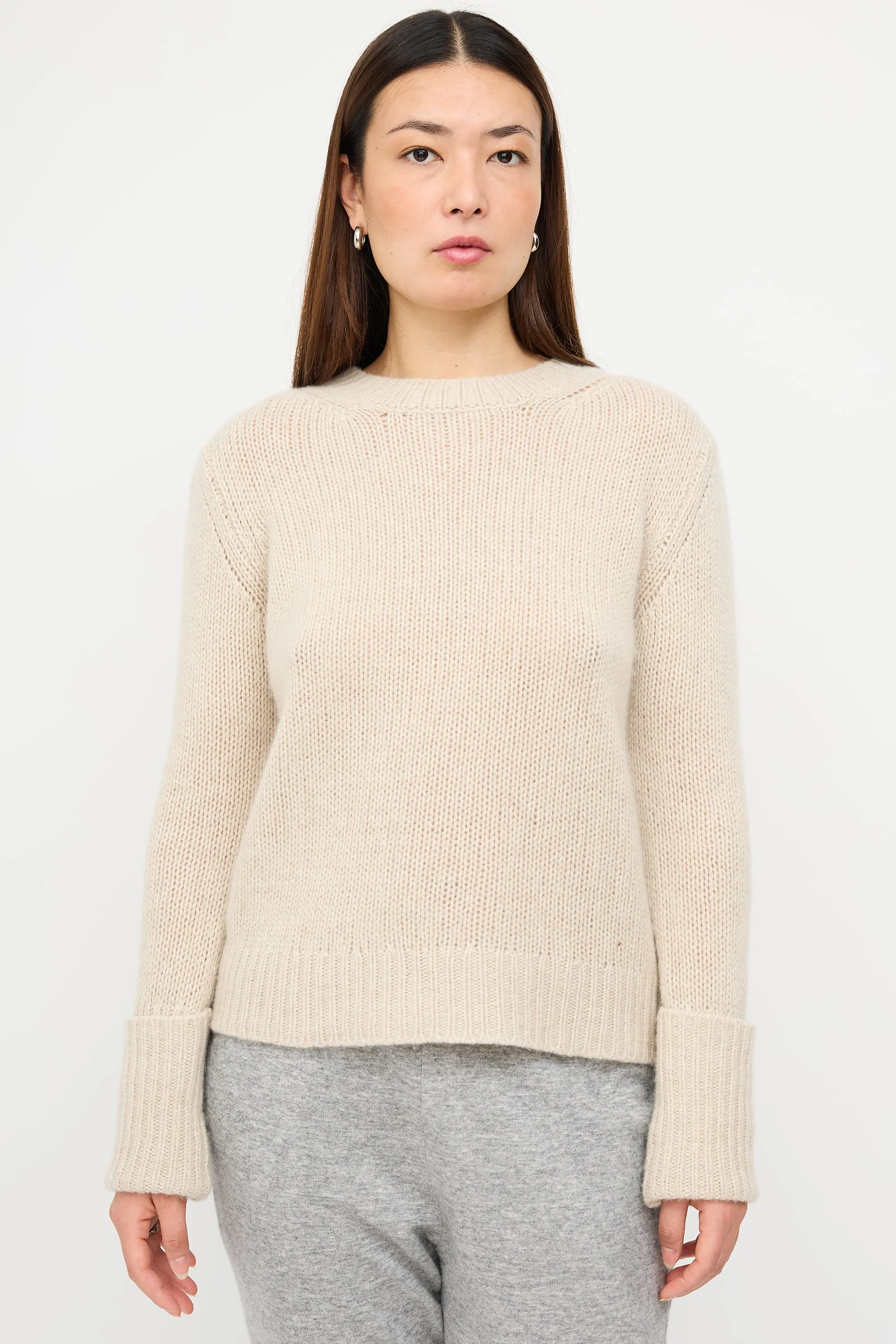Beige Cashmere Fold Over Cuff Sweater