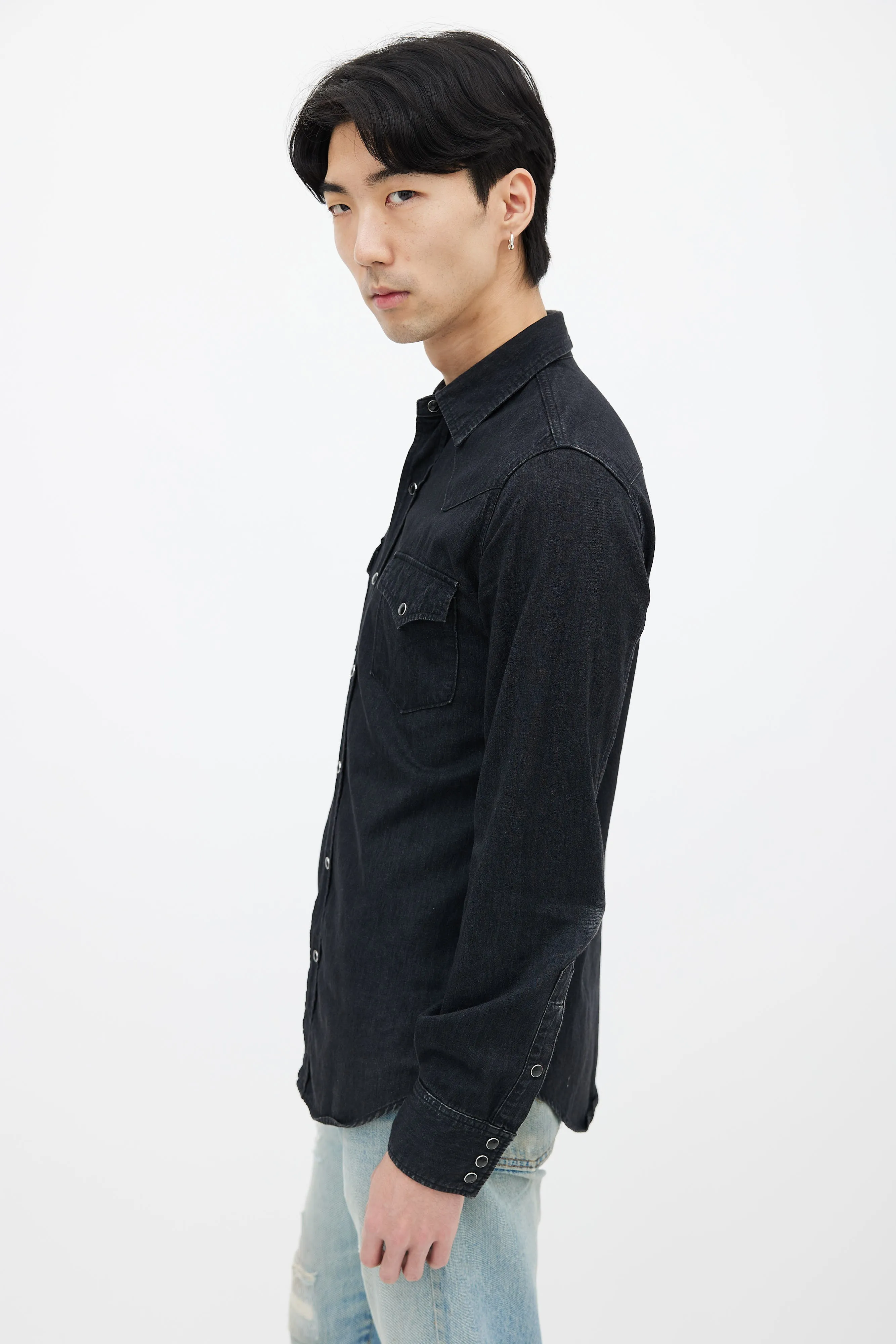 Black Denim Snapped Western Shirt