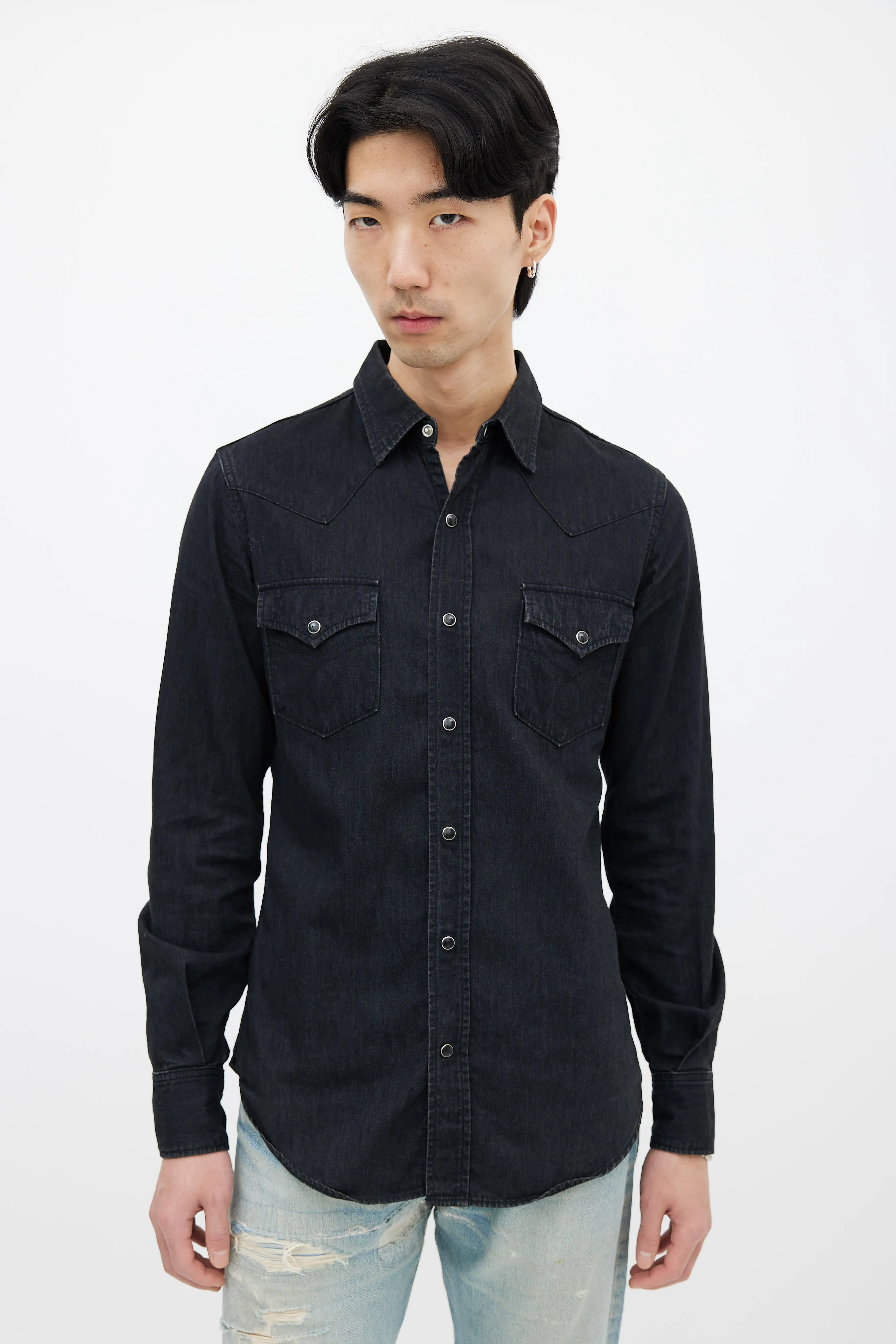 Black Denim Snapped Western Shirt