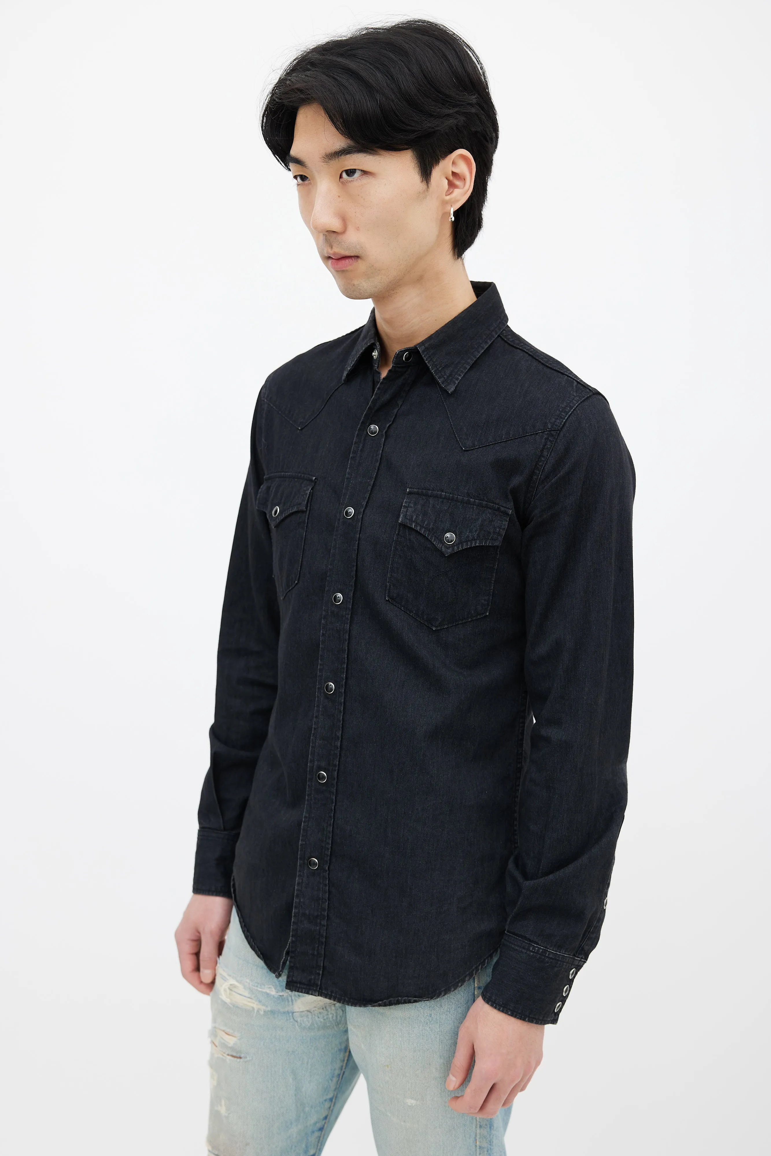 Black Denim Snapped Western Shirt