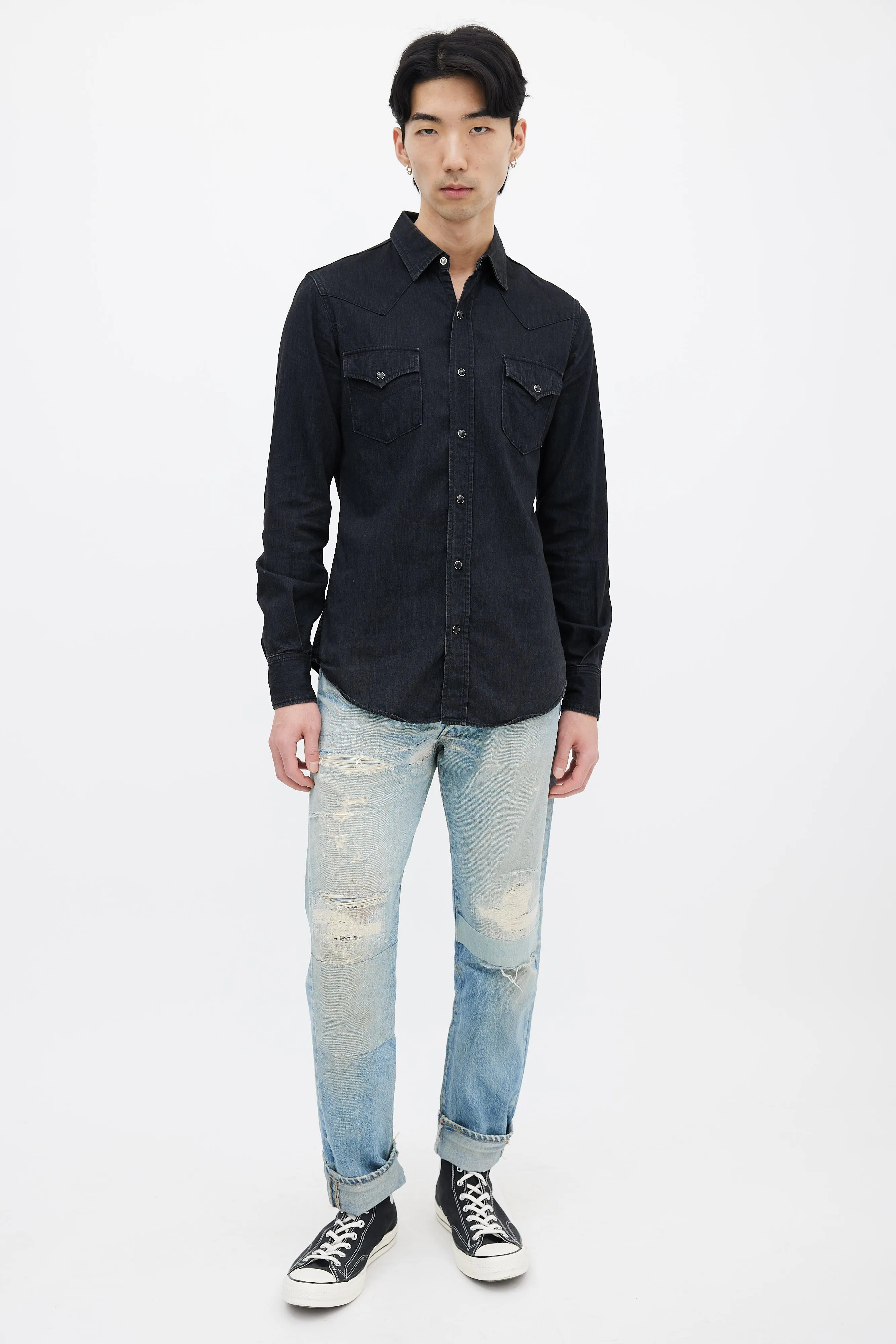 Black Denim Snapped Western Shirt