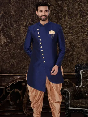 Blue Jacquard Silk Indo Western for Men with Self-Embossed Design