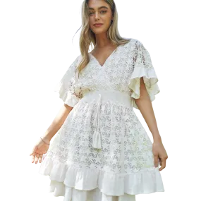 Crochet Stars V Neck Dress with Ruffles