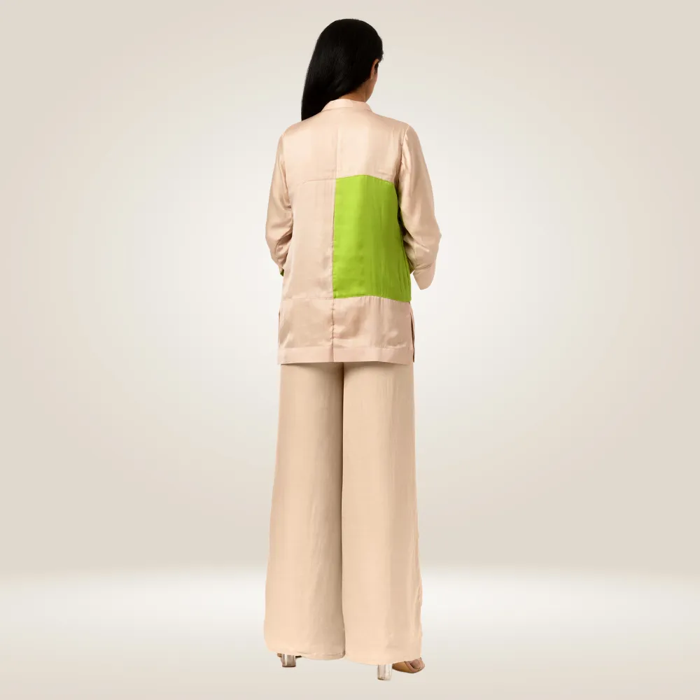 Ecru Green Half & Half Color Block Blouse | Bemberg Modal | Elegant Allure