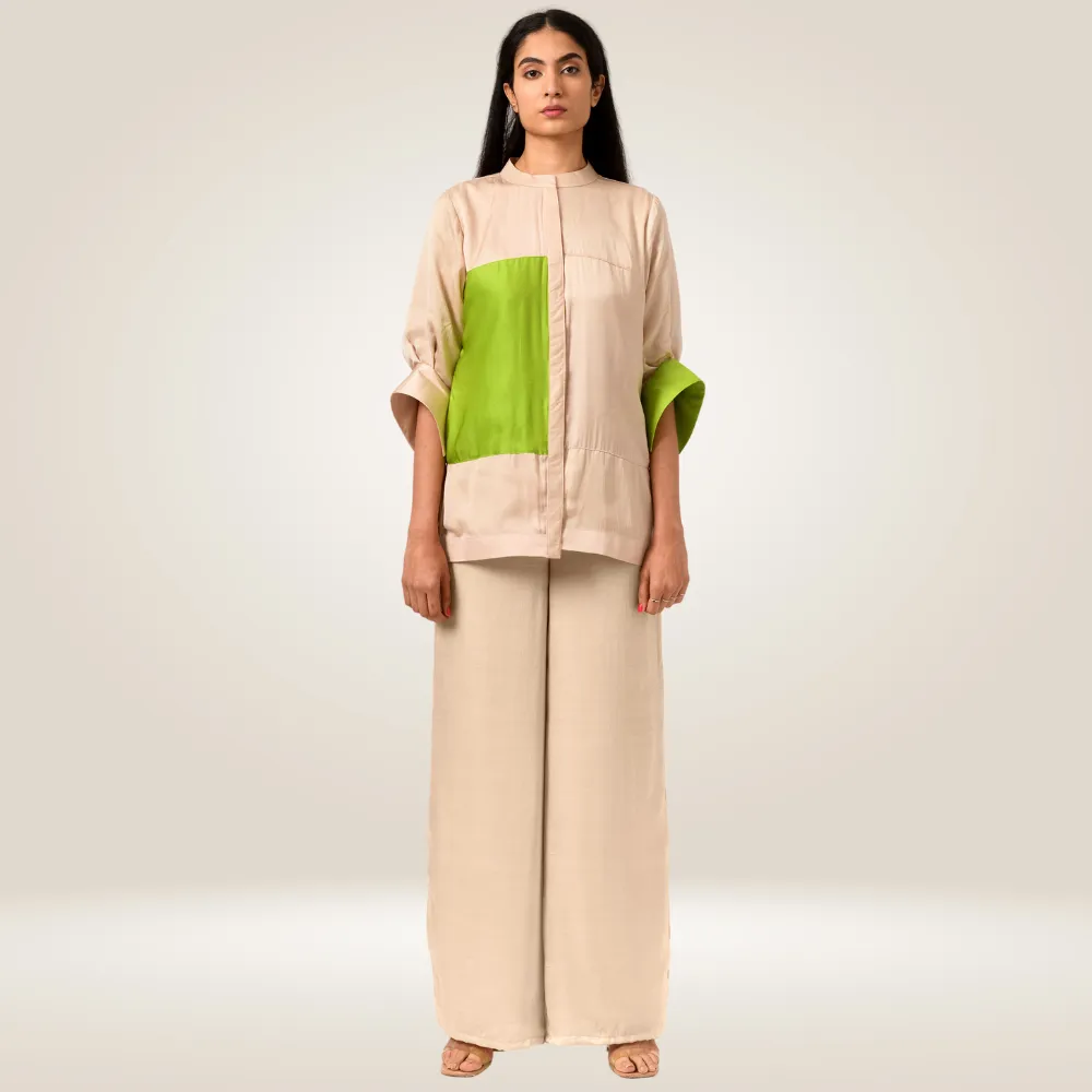Ecru Green Half & Half Color Block Blouse | Bemberg Modal | Elegant Allure