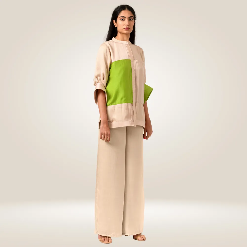 Ecru Green Half & Half Color Block Blouse | Bemberg Modal | Elegant Allure