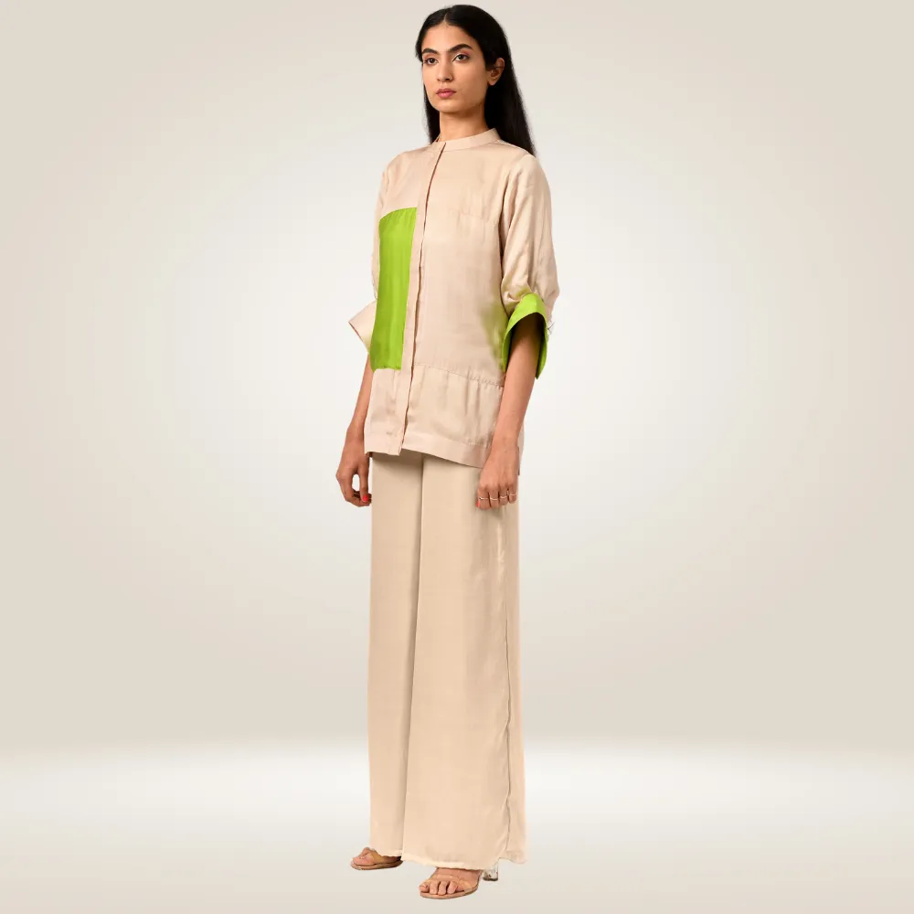 Ecru Green Half & Half Color Block Blouse | Bemberg Modal | Elegant Allure