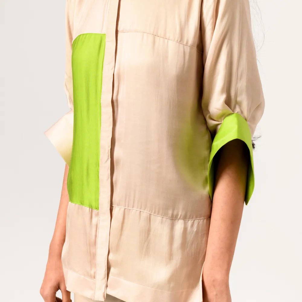 Ecru Green Half & Half Color Block Blouse | Bemberg Modal | Elegant Allure