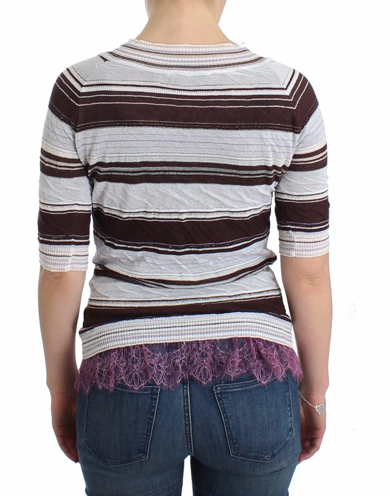 Ermanno Scervino Striped Lace V-Neck Short Sleeve Top Sweater