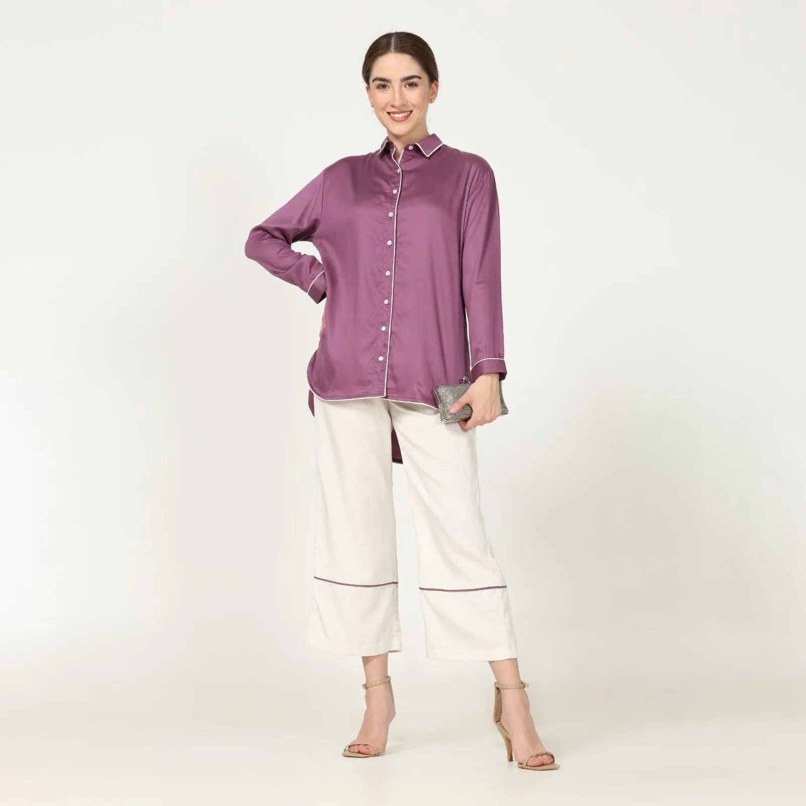 Grape Purple Shirt With Off-White Pant | Hand-Crafted | Set Of 2