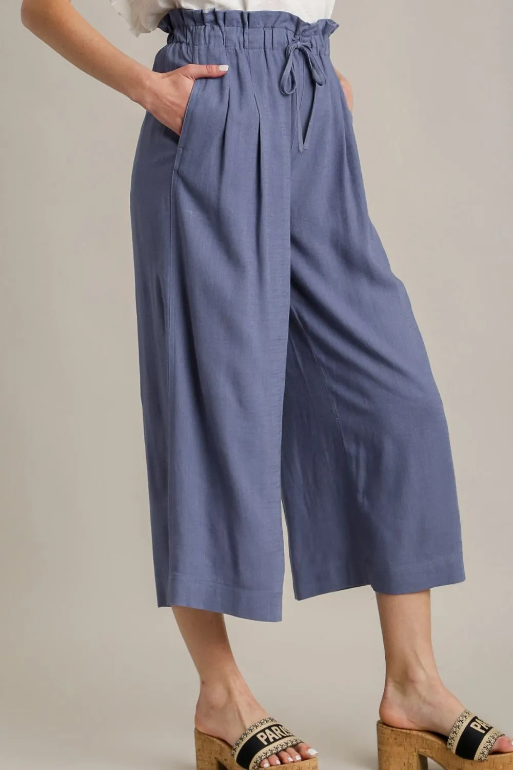 Linen Wide Fit Pants with Drawstring in Dusty Blue