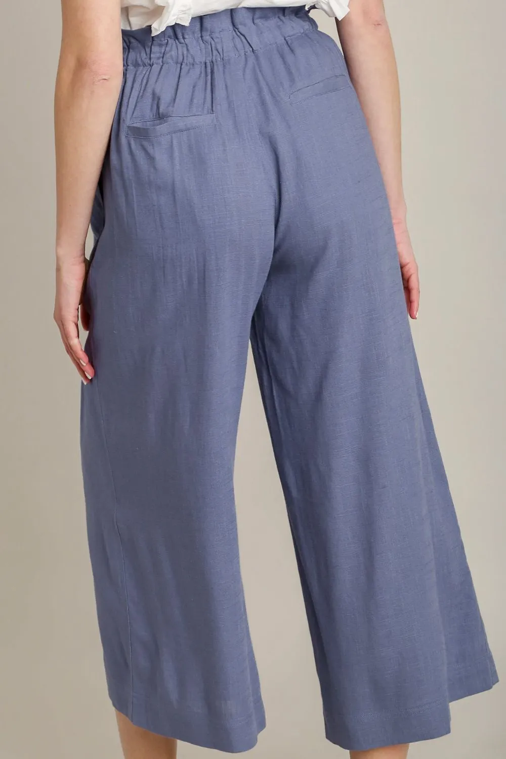 Linen Wide Fit Pants with Drawstring in Dusty Blue