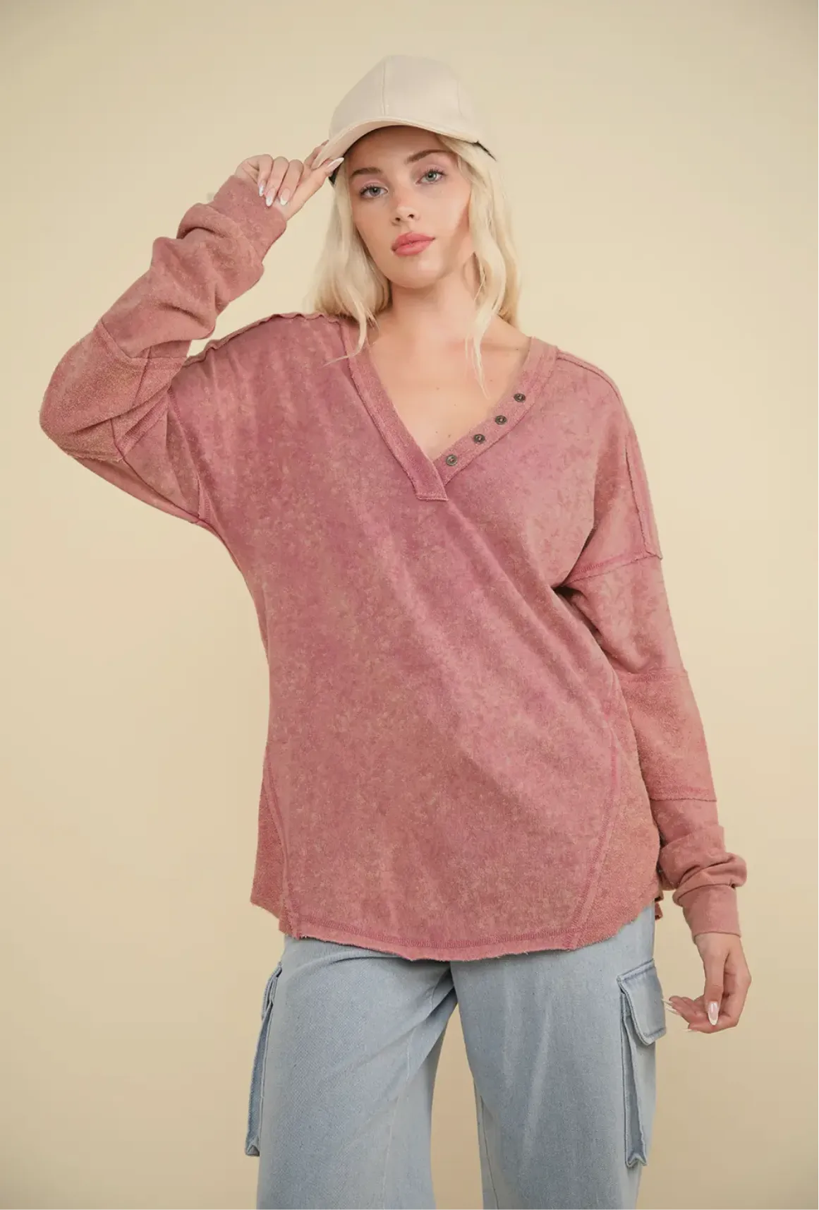 Washed Knit V-neck Oversized Top-Mauve