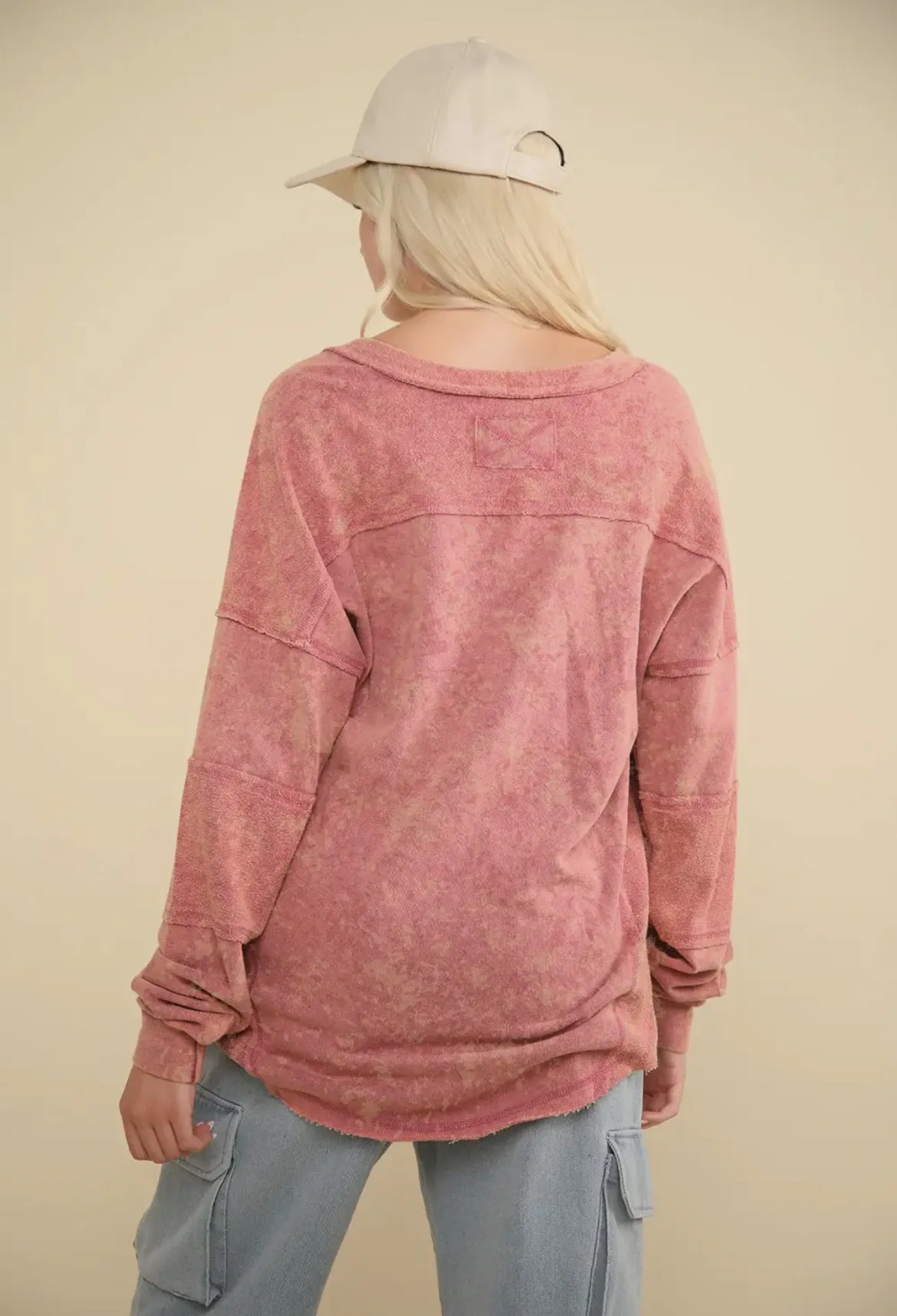 Washed Knit V-neck Oversized Top-Mauve