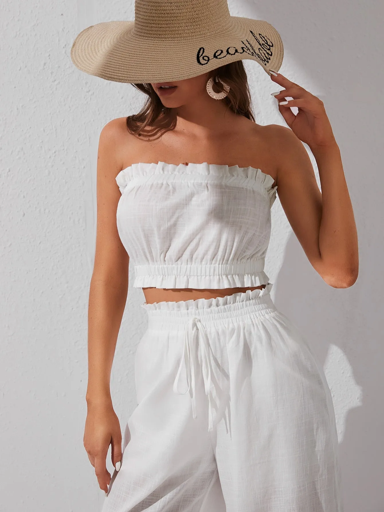 White Solid Crop Tube Top and Wide Leg Pants