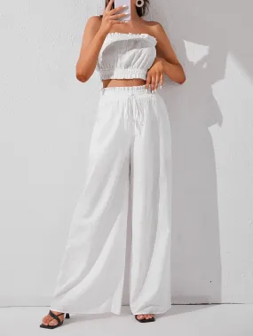 White Solid Crop Tube Top and Wide Leg Pants