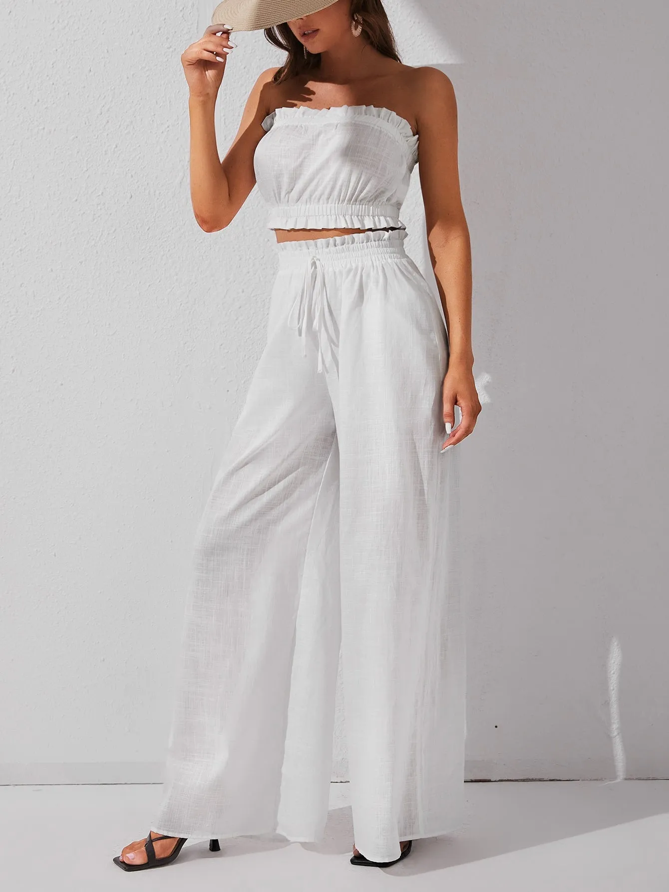 White Solid Crop Tube Top and Wide Leg Pants