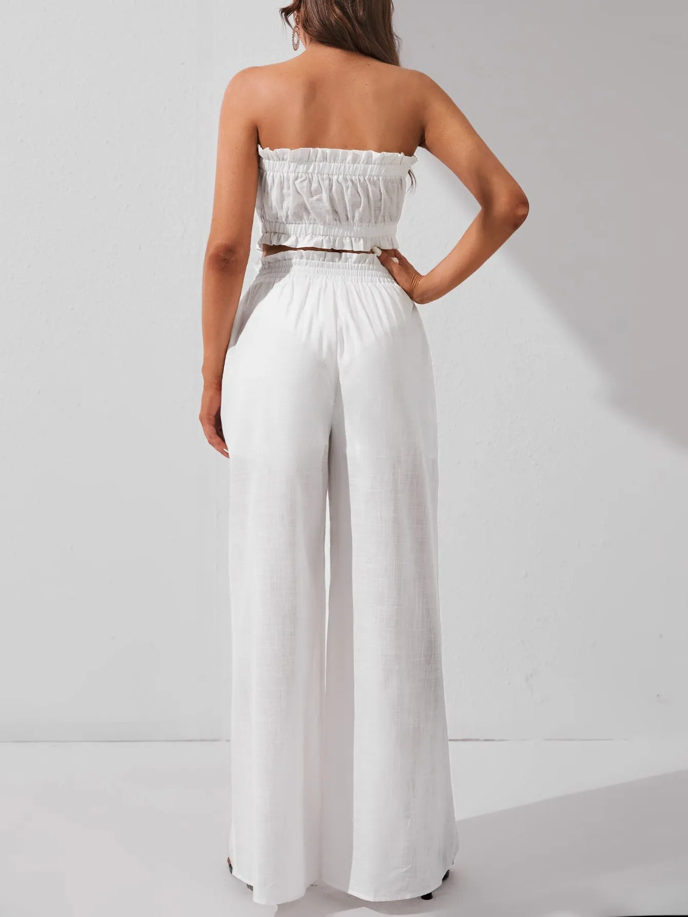 White Solid Crop Tube Top and Wide Leg Pants