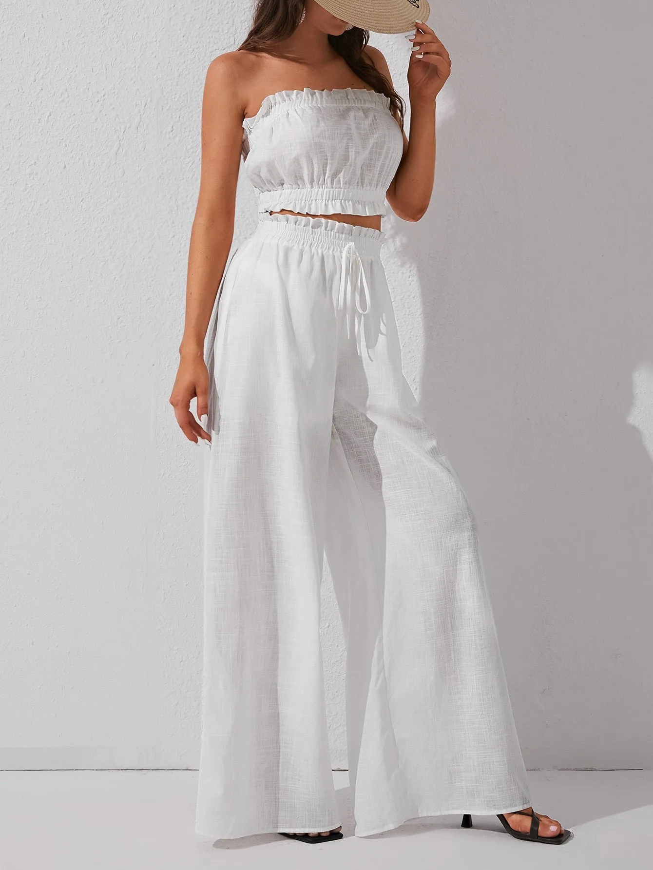 White Solid Crop Tube Top and Wide Leg Pants
