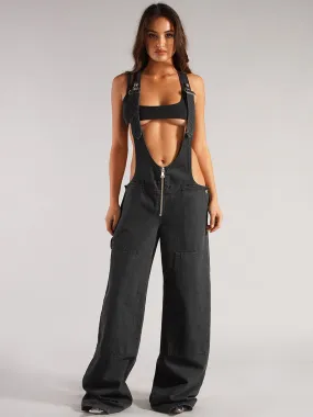 Wide-leg zippered denim overalls
