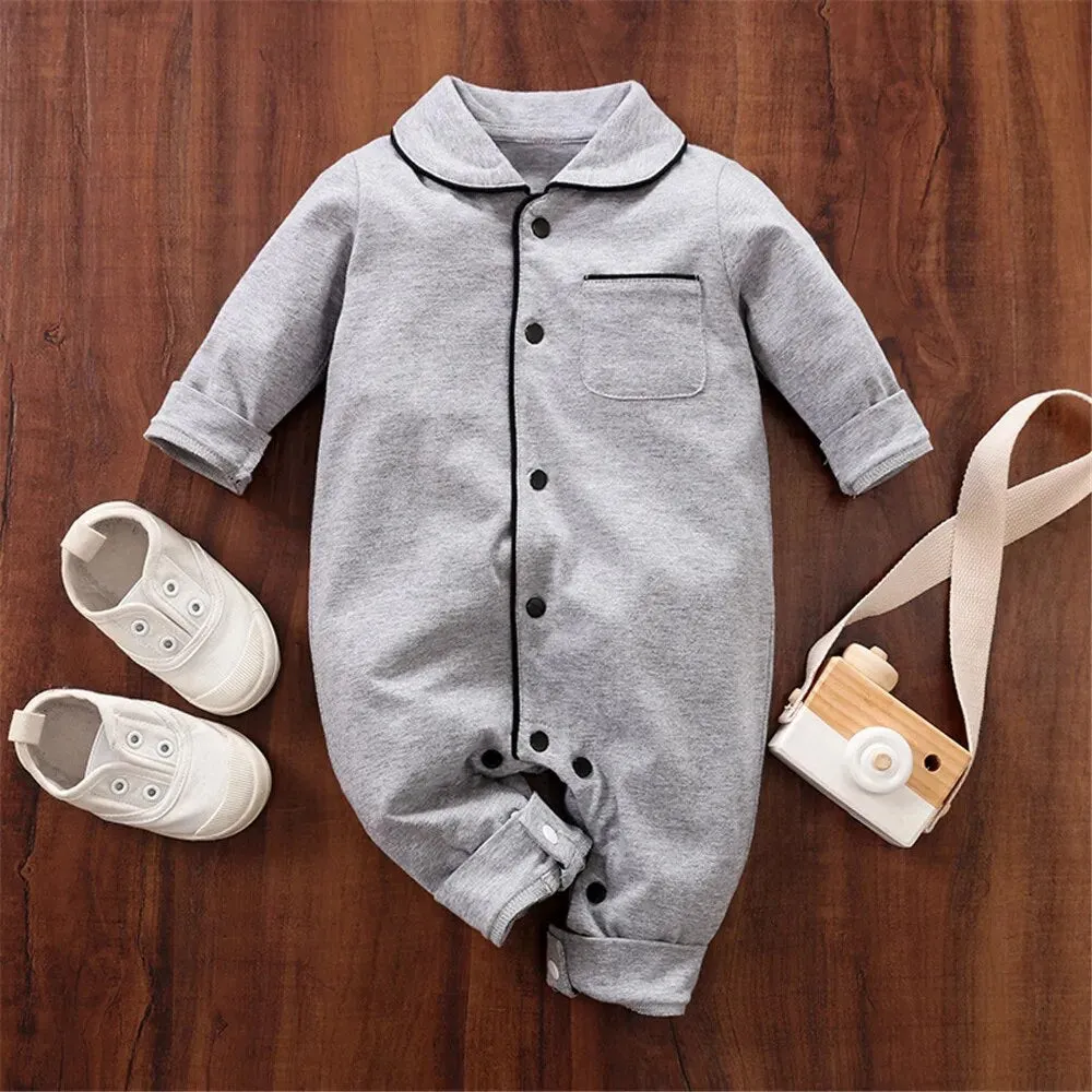 ZAFILLE Solid Baby Sleepwear Long Sleeve Clothes For Newborns Boys Clothing Cotton Baby Rompers Turn-down Collar Infant Outfits